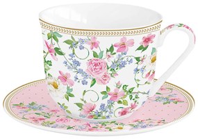 Rózsás porcelán nagy reggeliző csésze aljjal díszdobozban Garden Joy