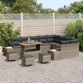 13 darabos kerti kanapé szett párnákkal, szürke poli rattan akác, 4 darabos kerti étkező szett párnákkal, szürke poli rattan akác