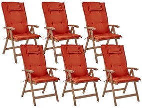 Sötétbarna akácfa kerti szék hatdarabos szettben piros párnákkal AMANTEA Beliani