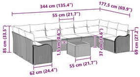 11 Részes Kerti Kanapé Készlet Párnákkal Fekete Poli Rattan Akác, 2 Fős Kerti Kanapé Párnákkal Fekete Poli Rattan