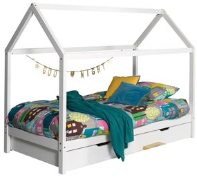 Fehér házikó alakú borovi fenyő gyerekágy kihúzható pótággyal, tárolóhellyel 90x200 cm DALLAS – Vipack