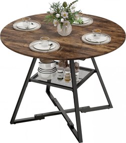 HOMCOM kerek étkezőasztal 4 személyes, Ø 100 cm x 76 cm, ipari stílusú konyhai asztal nagy asztallappal és tárolópolccal, fém váz, rusztikus barna | A