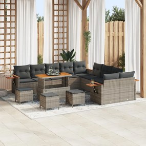 14 darabos kerti sofa szett párnákkal szürke poli rattan akác, 4 darabos kerti étkező szett párnákkal szürke poli rattan akác