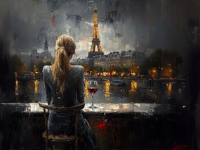 Canvas Vászonkép Nő Párizs Eiffel-torony Este Bor 80x60