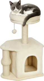 PawHut Macskakarmoló 66 cm magasságú Macska Fa Mászótorony, Ágybarlanggal és Lógó Labdával, Juteposzttal - Bézs | Aosom