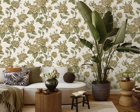 Holden Decor Wanderlust Hortensia okkersárga-zöld virágos vlies tapéta – 92122