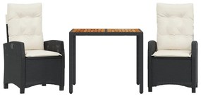3 részes fekete polyrattan kerti étkezőgarnitúra párnákkal