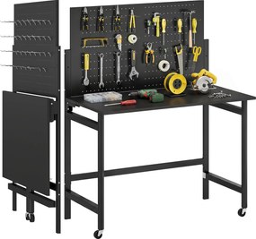 HOMCOM összecsukható műhelymunkaasztal görgőkkel és perforált táblával, 115 x 62 x 143,5 cm, 120 kg teherbírás | Aosom