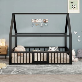 Gyerekágy Fém ágy Faház 140x200cm kerítés Fekete