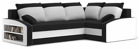 Grande sarokkanapé polcokkal , polc a bal karfaban, jobboldali, szövet anyag, hab töltet, fekete - fehér