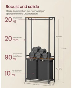Szennyestartó, polccal kihúzható és levehető ruhatartó zsákkal 2x46L, rusztikus barna és