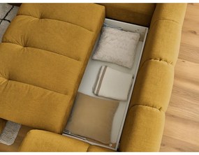 Mustársárga kinyitható-tárolóhelyes sarokkanapé (bal oldali-L alakú) Fuji – Bobochic Paris