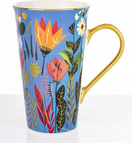Nagy porcelán bögre 700 ml kék virág motívum arany díszdoboz