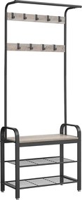 Kabáttartó állvány, kabátállvány cipőtárolóval, 183cm magas, szürke-fekete