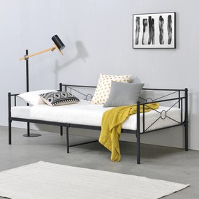 [en.casa] Fémkeretes ágy Alvesta 90x200 cm egyszemélyes dizájn ágykeret fej-és ágyvéggel ágyráccsal acélváz fekete, mat