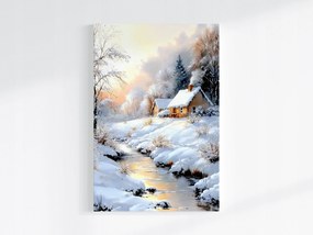 Vászonkép Canvas Tájkép Tél Hó Ház Kunyhó Folyó Patak 80x120