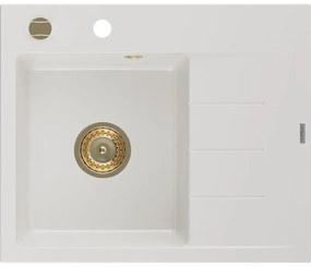 Mexen Ben gránit mosogató 1-medencés csepegtetővel, balos 600 x 500 mm, fehér, arany szifon - 6522605000-20-G