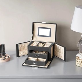 Ékszerdoboz, zárható ékszertartó 2 fiókkal, fekete