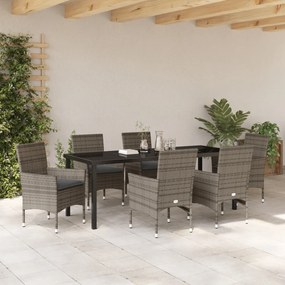 7 Részes Kerti Étkezőszett Párnákkal Szürke Poli Rattan, Kerti Asztal Fekete 200x80x73 cm Edzett Üveg