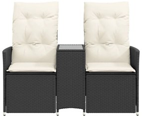 2 személyes fekete polyrattan dönthető kerti kanapé asztallal