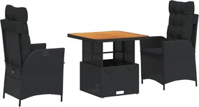 vidaXL 3 részes fekete polyrattan kerti étkezőgarnitúra párnákkal