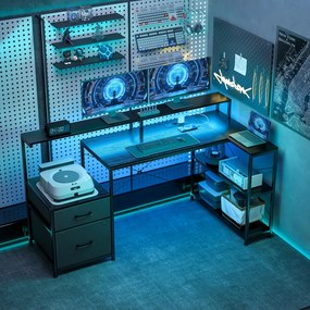 HOMCOM Gamer asztal LED-del és konnektorokkal, dupla monitoros állvánnyal, fekete