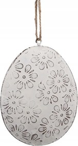 Fém húsvéti dekoráció lógó fehér tojás virág motívummal 8 cm