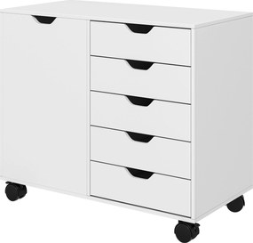 HOMCOM Irodai Tárolószekrény 5 Fiókkal és 1 Nyomtatóállvánnyal, Görgős, Állítható Polccal, 78 x 40 x 66,5 cm, Fehér | Aosom