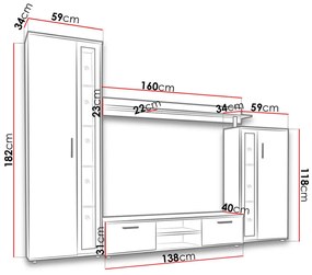 Nappali bútorsor Orenia (fehér + fehér + fekete üveg) (fehér LED világítás). 1054268