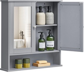 Fali fürdőszekrény tükörrel, 2 ajtós rekesszel, állítható polccal, szürke