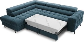 Kék buklé kinyitható-tárolóhelyes sarokkanapé (bal oldali-L alakú) Ferucce – ELTAP