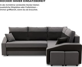 Grande sarokkanapé polcokkal és puffokkal , polc a bal karfaban puffok a jobb karfaban, jobboldali, szövet anyag, bonell töltet, szürke - fekete