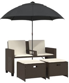 2 személyes barna polyrattan kerti kanapé napernyővel/székkel